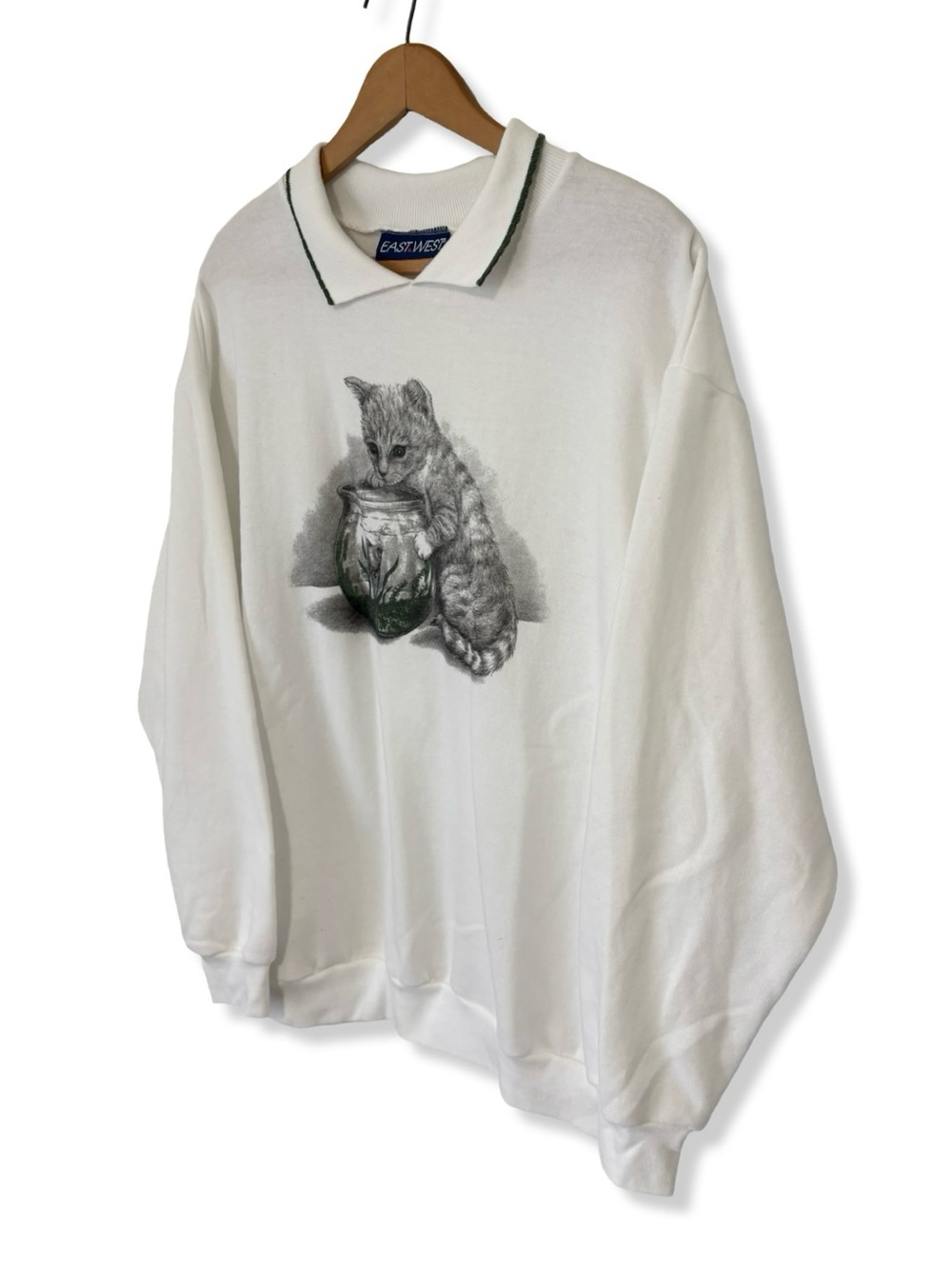 Vintage 90s White Cat & Fishbowl Collared Sweatshirt - Picture 3 of 4